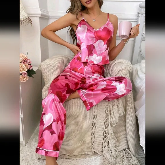 Heart Printed Satin Cami & Pants Pajama Set - Picture 2 of 4
